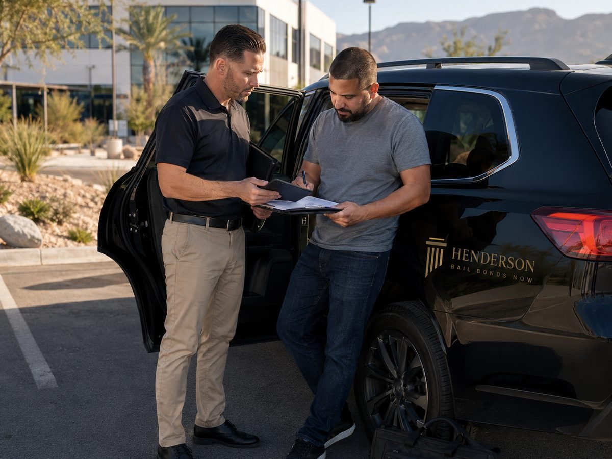 A Henderson Bail Bonds Now mobile bail agent reviewing paperwork with a client beside a branded vehicle