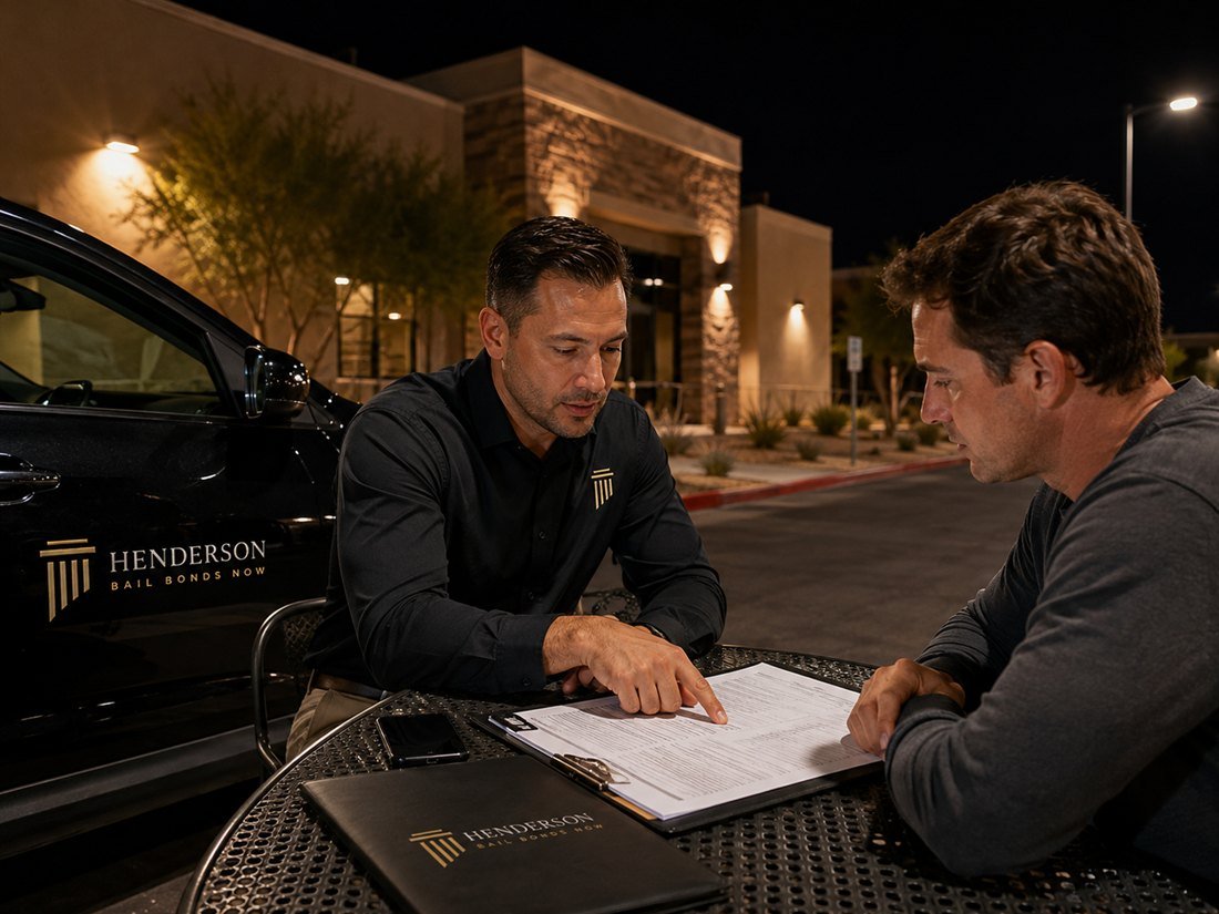 A Henderson Bail Bonds Now agent meeting a client outside the office at night for a 24 hour bail bond