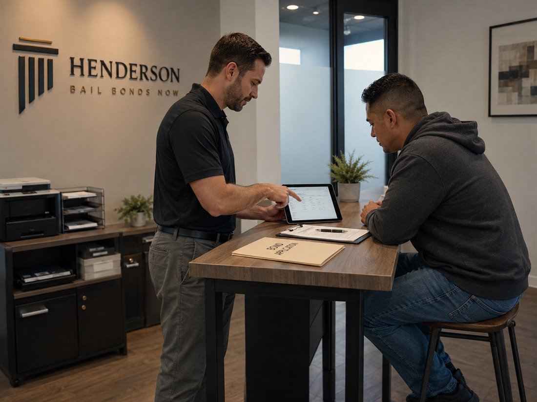 A Henderson Bail Bonds Now agent reviewing a no money down bail bond payment plan with a client