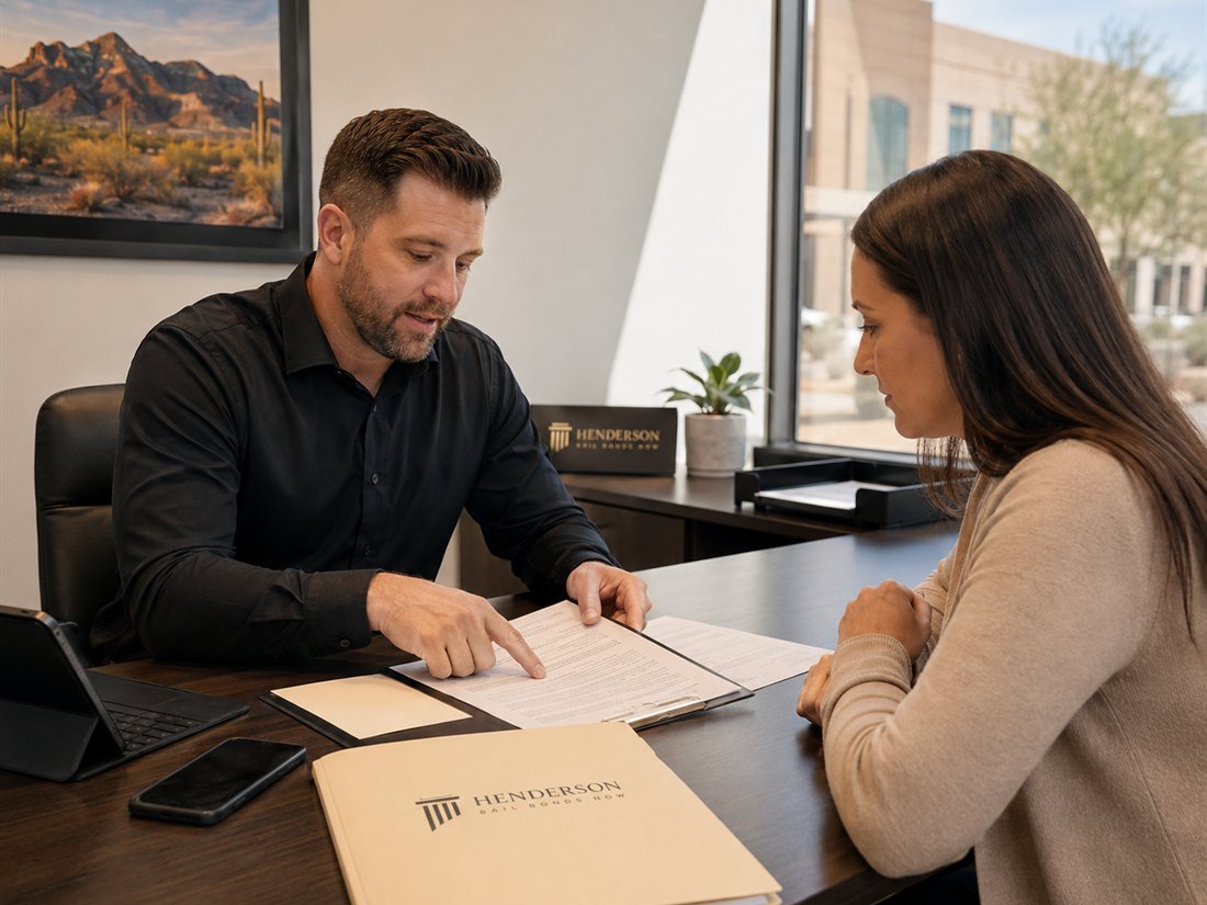 A Henderson Bail Bonds Now agent reviewing a cash bond case with a client at the office