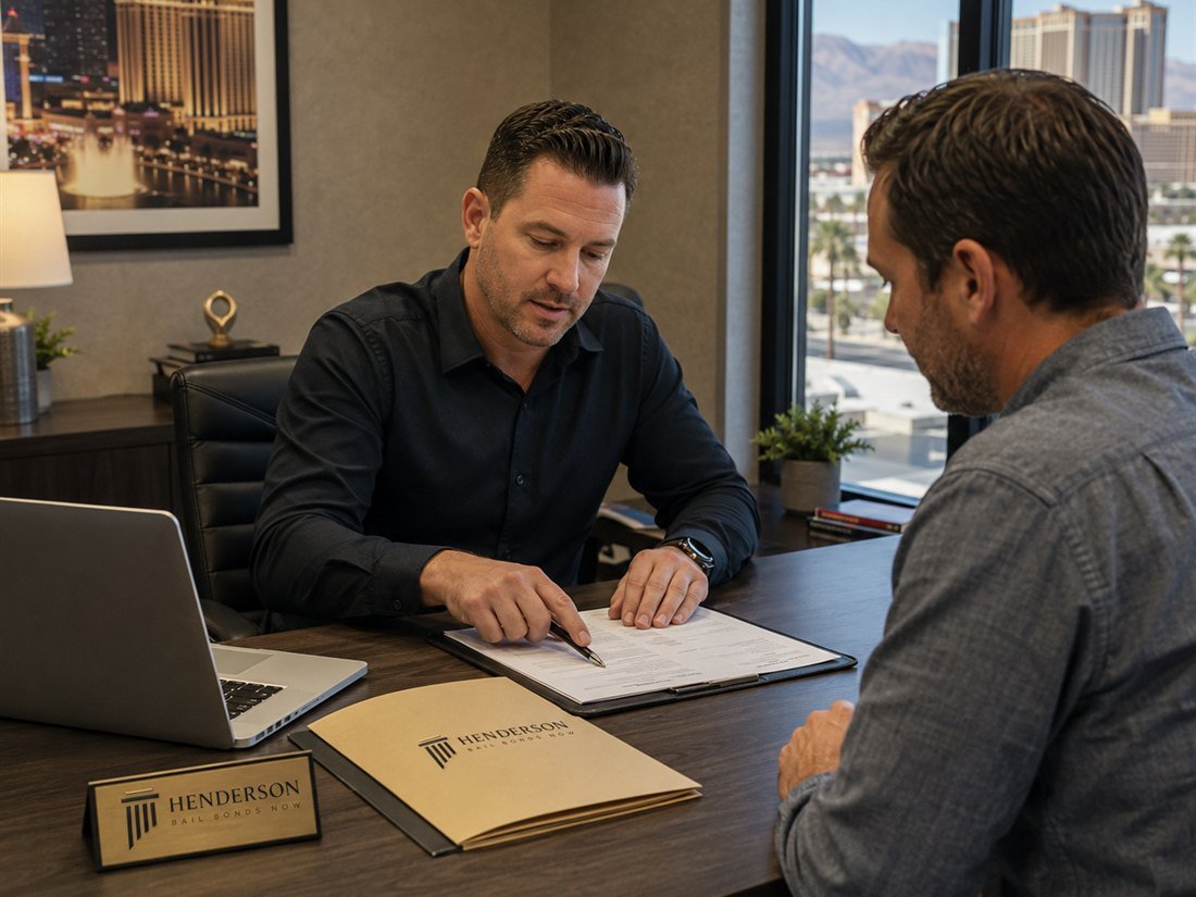 A Henderson Bail Bonds Now agent reviewing a casino marker bond case with a client, the Las Vegas Strip visible outside