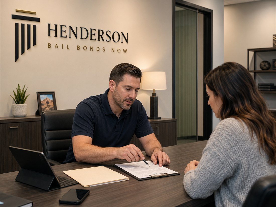 A Henderson Bail Bonds Now agent reviewing a domestic violence bond case with a client at the office