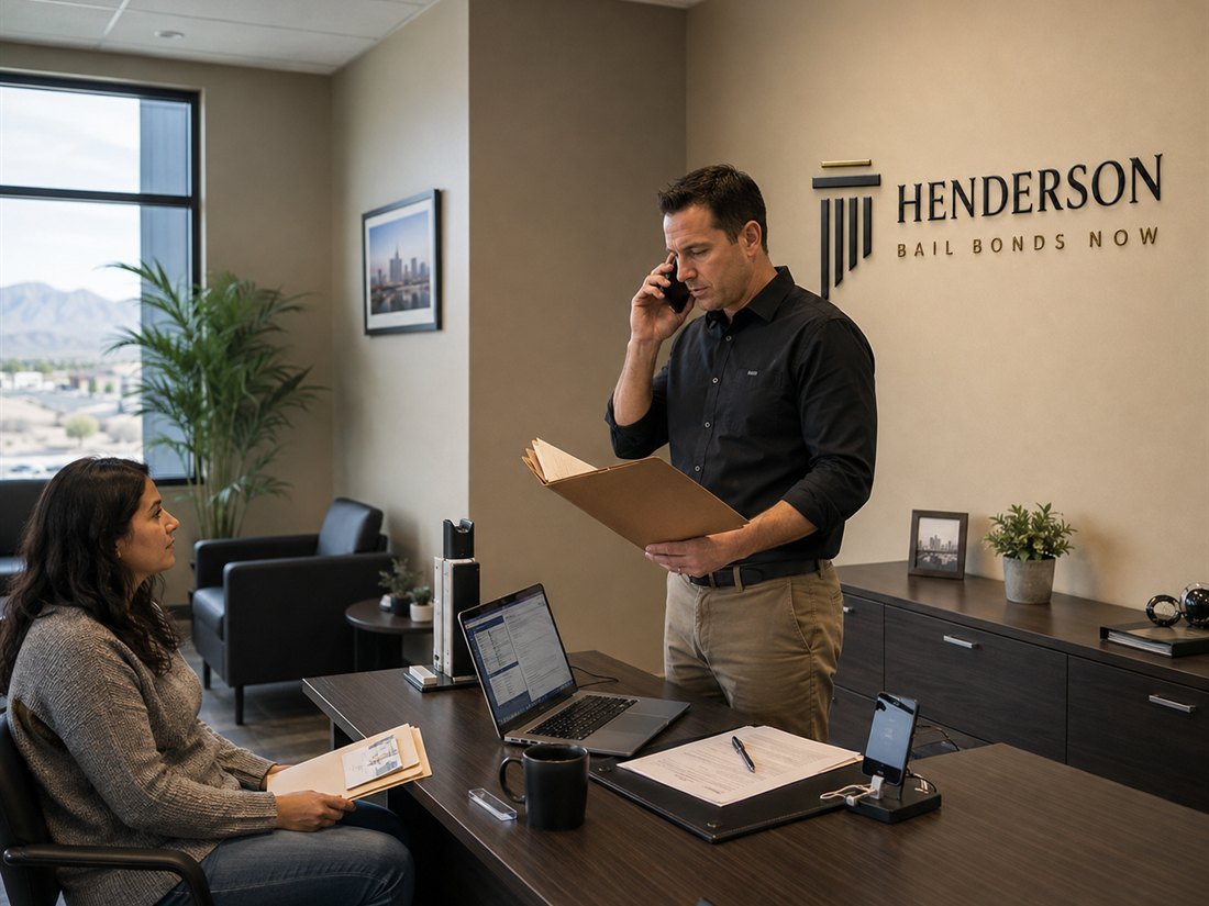 A Henderson Bail Bonds Now agent on a call about a drug offense bond case while a client waits