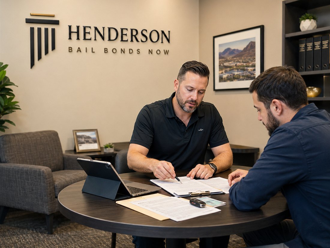 A Henderson Bail Bonds Now agent reviewing a DUI bond case with a client at the office