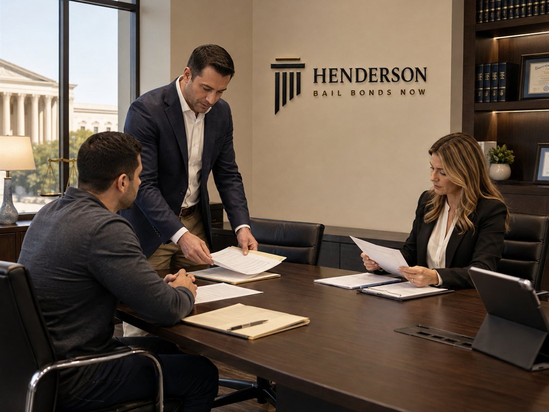 Henderson Bail Bonds Now agents reviewing a federal court bond case in a conference room