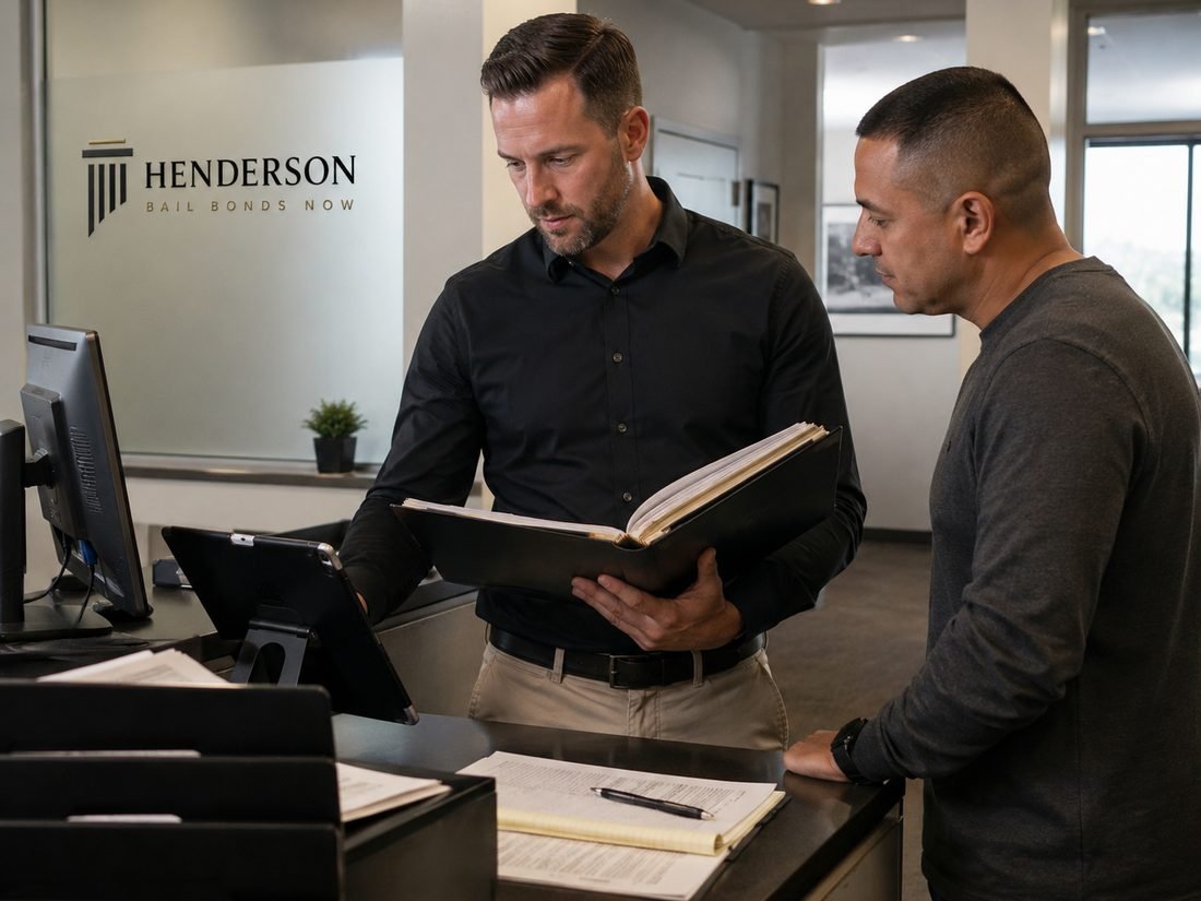 A Henderson Bail Bonds Now agent reviewing a felony bond case file with a client at the front desk