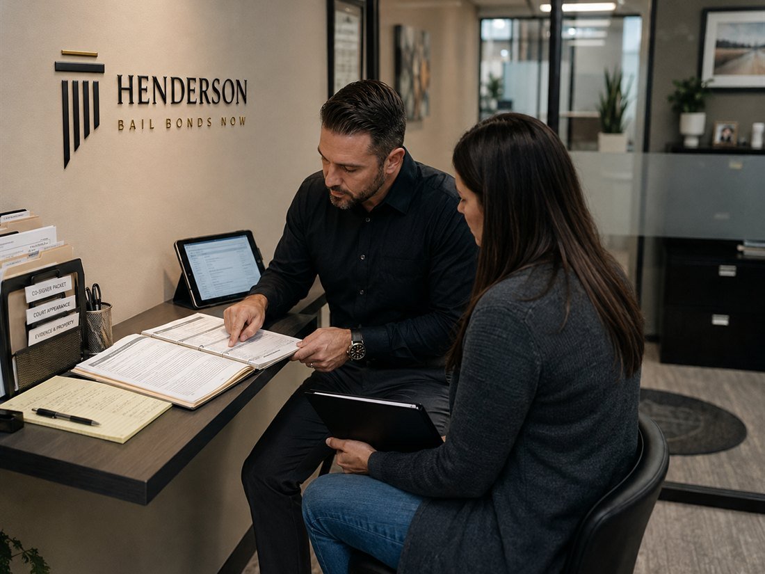 A Henderson Bail Bonds Now agent reviewing a weapon bond case at the front desk with a client