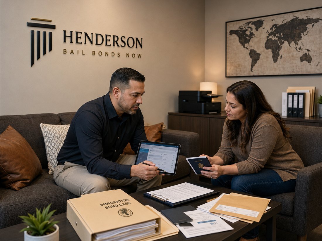 A Henderson Bail Bonds Now agent reviewing an immigration bond case with a client