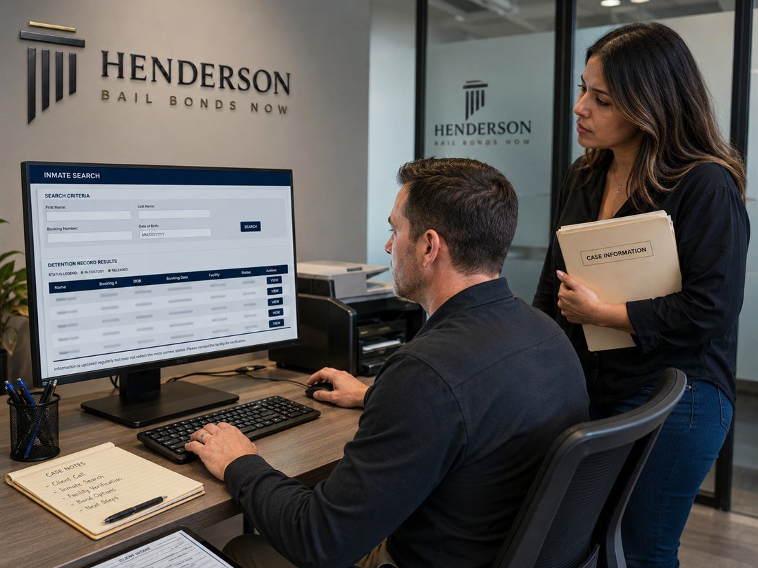 A Henderson Bail Bonds Now agent helping a client with an inmate search on screen