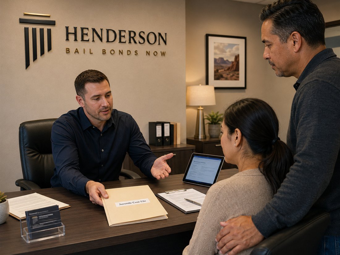A Henderson Bail Bonds Now agent reviewing a juvenile case file with a client's parents
