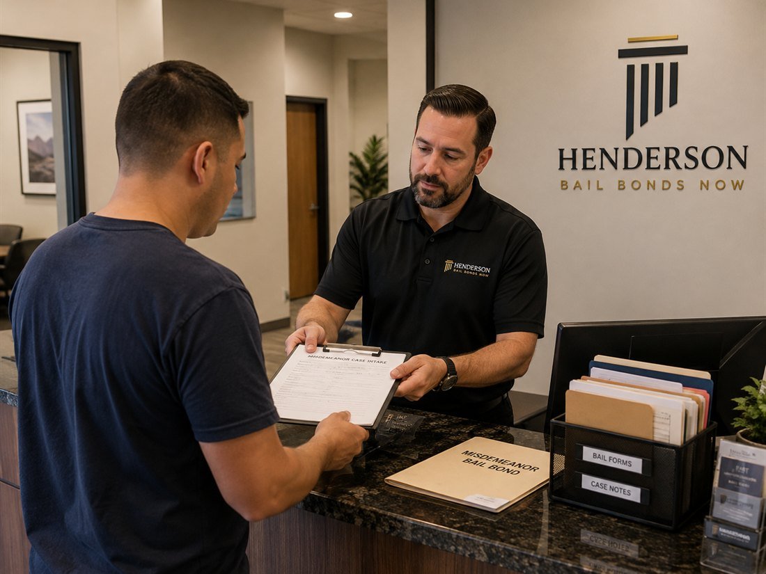 A Henderson Bail Bonds Now agent handing a client a misdemeanor case intake form at the front desk