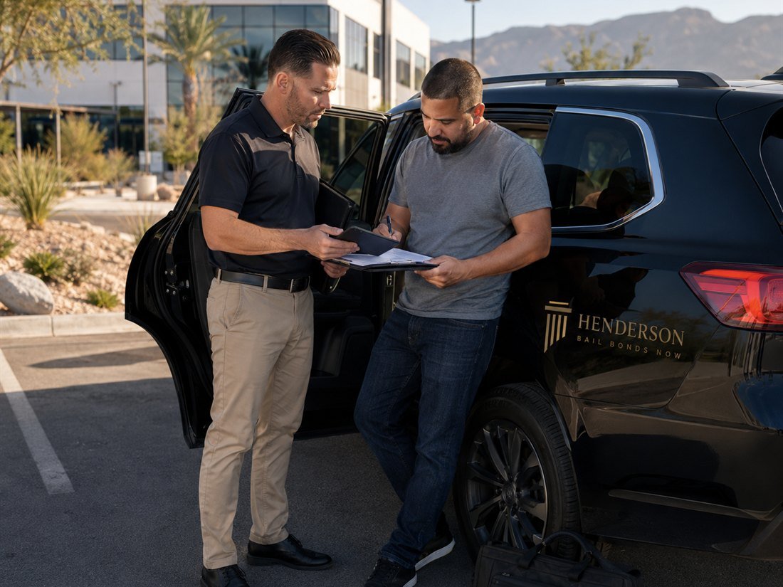 A Henderson Bail Bonds Now mobile bail agent meeting a client at an agreed location