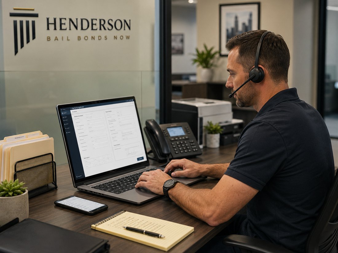 A Henderson Bail Bonds Now agent processing an online bail bond application by phone