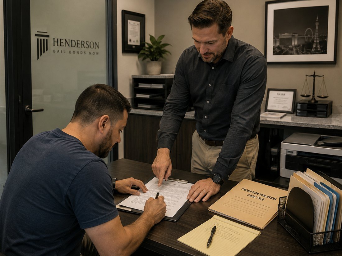 A Henderson Bail Bonds Now agent reviewing a probation violation case file with a client