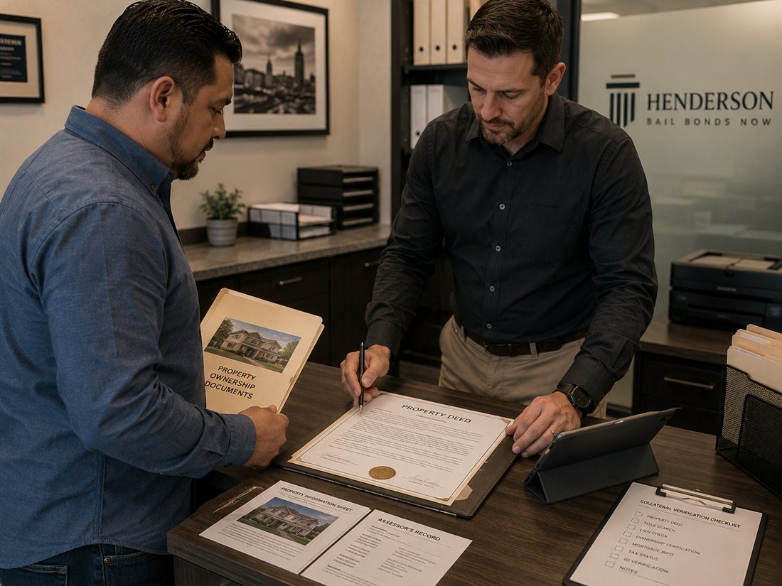 A Henderson Bail Bonds Now agent reviewing a property deed for a property bail bond with a client