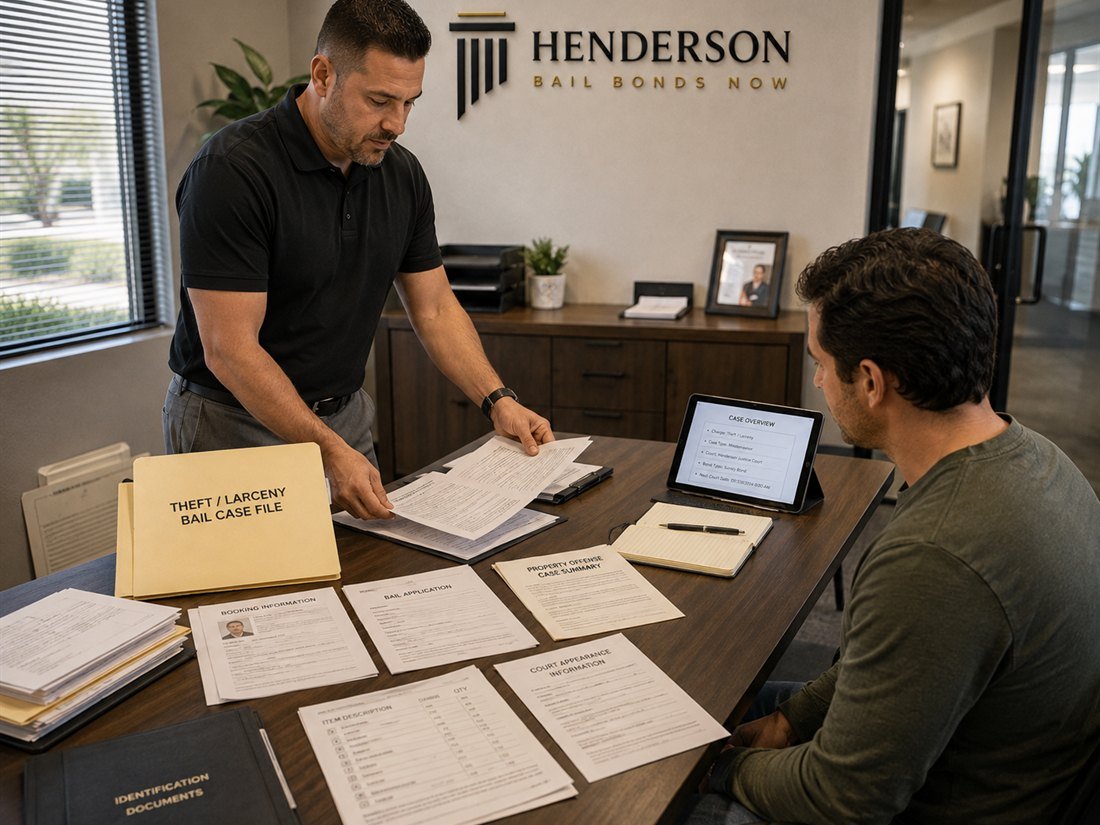 A Henderson Bail Bonds Now agent reviewing a theft and larceny bail case file with a client