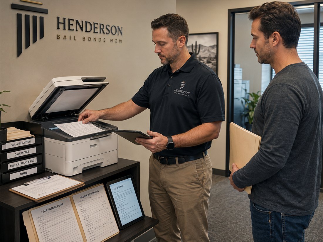 A Henderson Bail Bonds Now agent processing a public intoxication case intake with a client