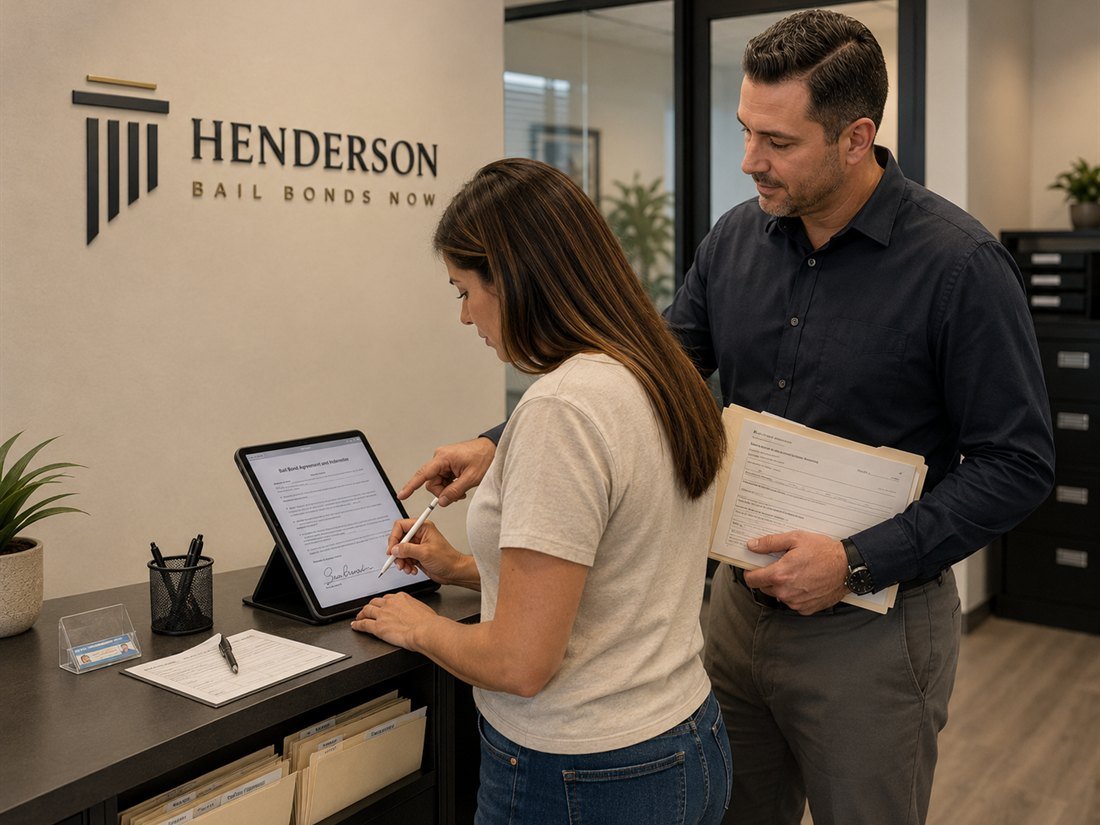 A client electronically signing a bail bond agreement with a Henderson Bail Bonds Now agent at the front desk