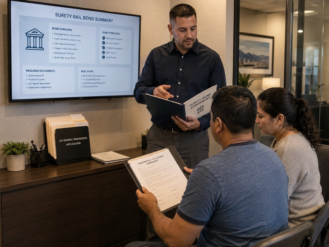A Henderson Bail Bonds Now agent reviewing a surety bail bond agreement with a co-signer and client