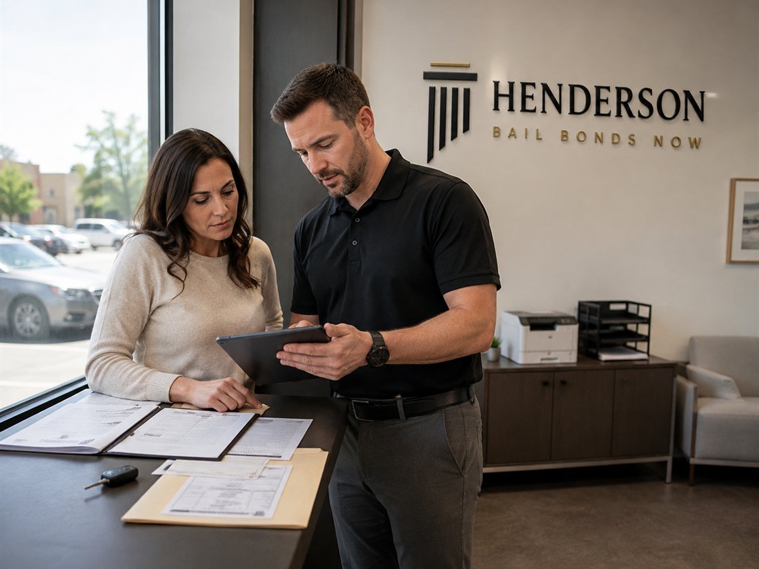 A Henderson Bail Bonds Now agent reviewing a traffic bond case with a client at the front desk