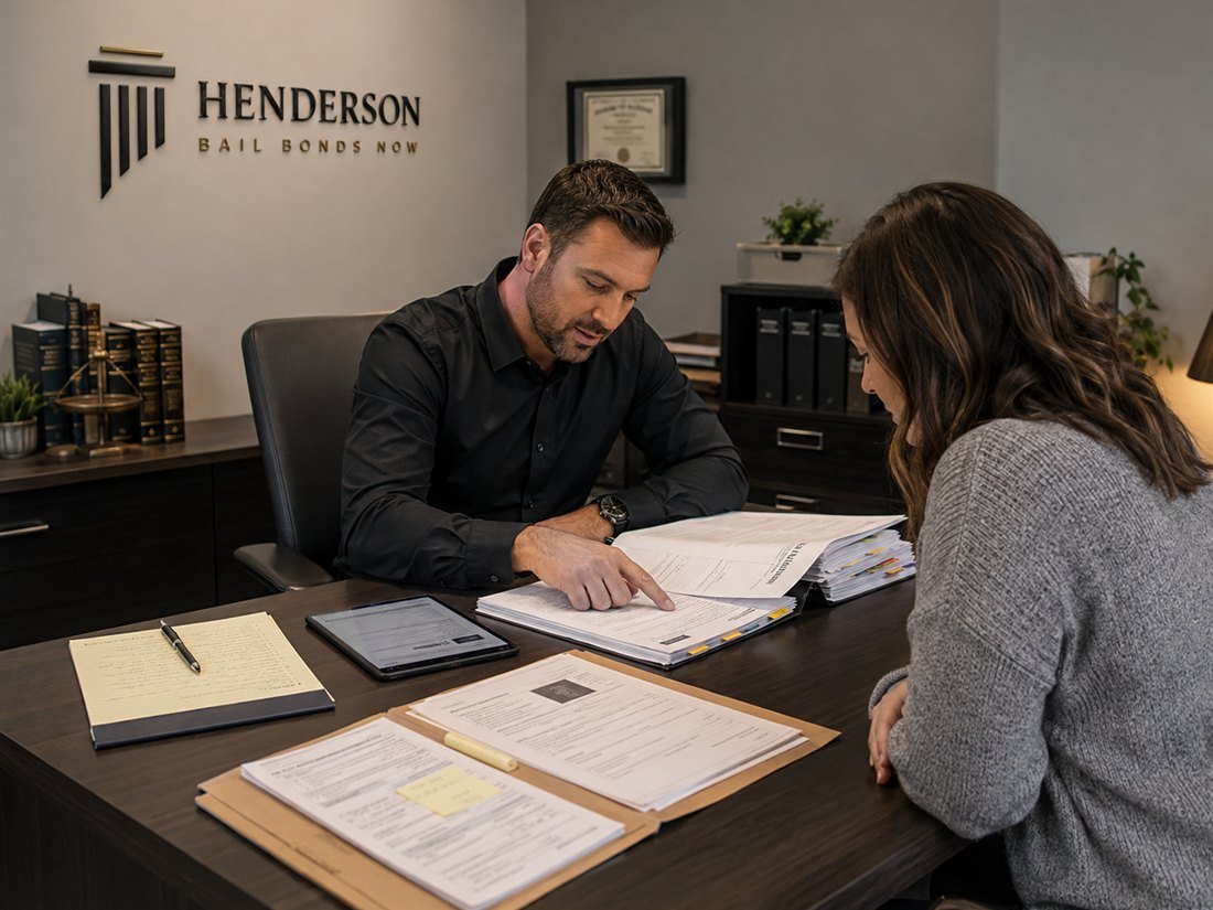 A Henderson Bail Bonds Now agent reviewing a violent crime bond case file with a client